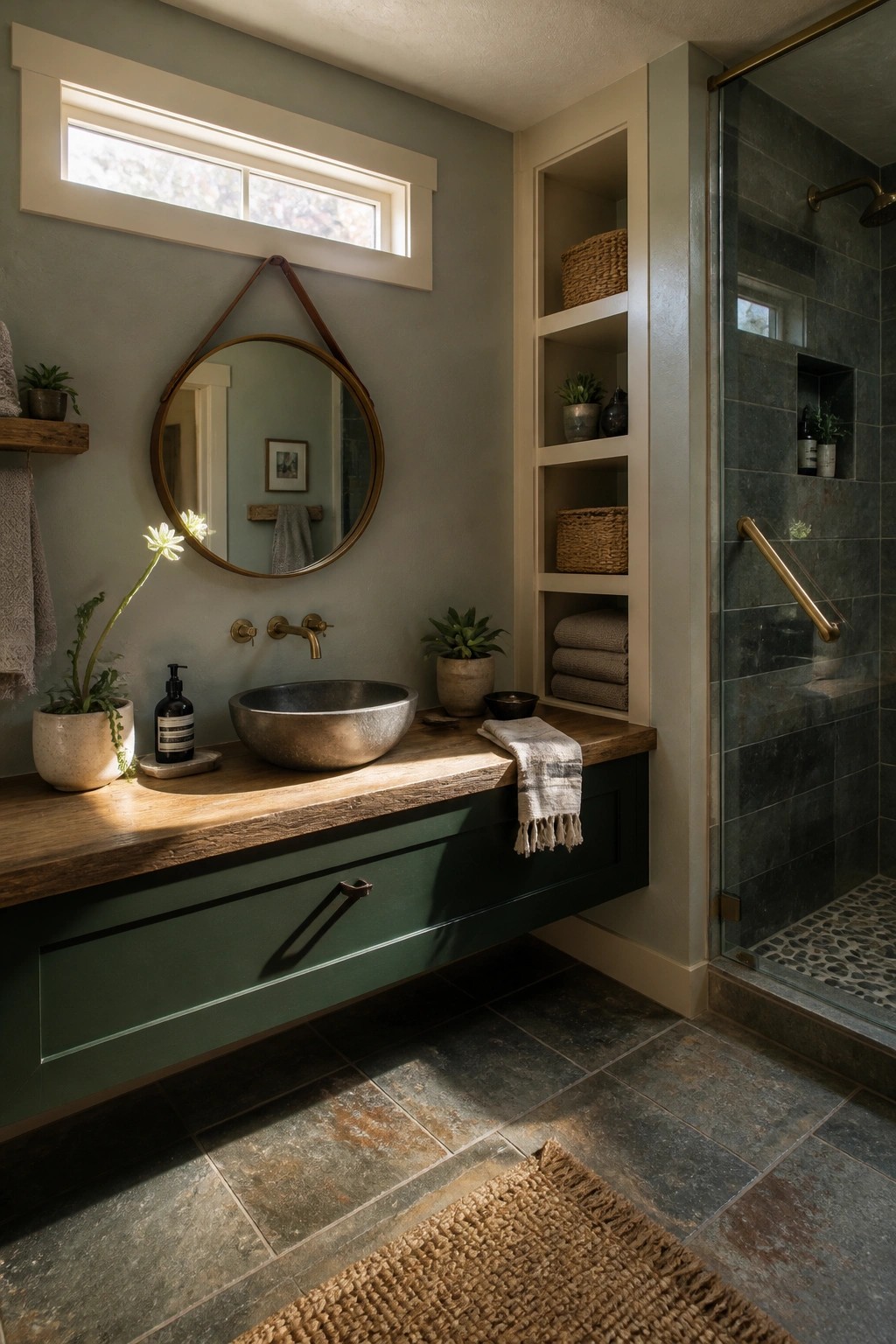 Bathroom with muted sage green walls and a dark green vanity.