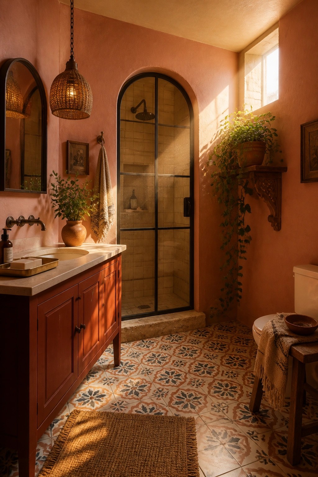 A bathroom with warm terracotta walls and wood vanity.