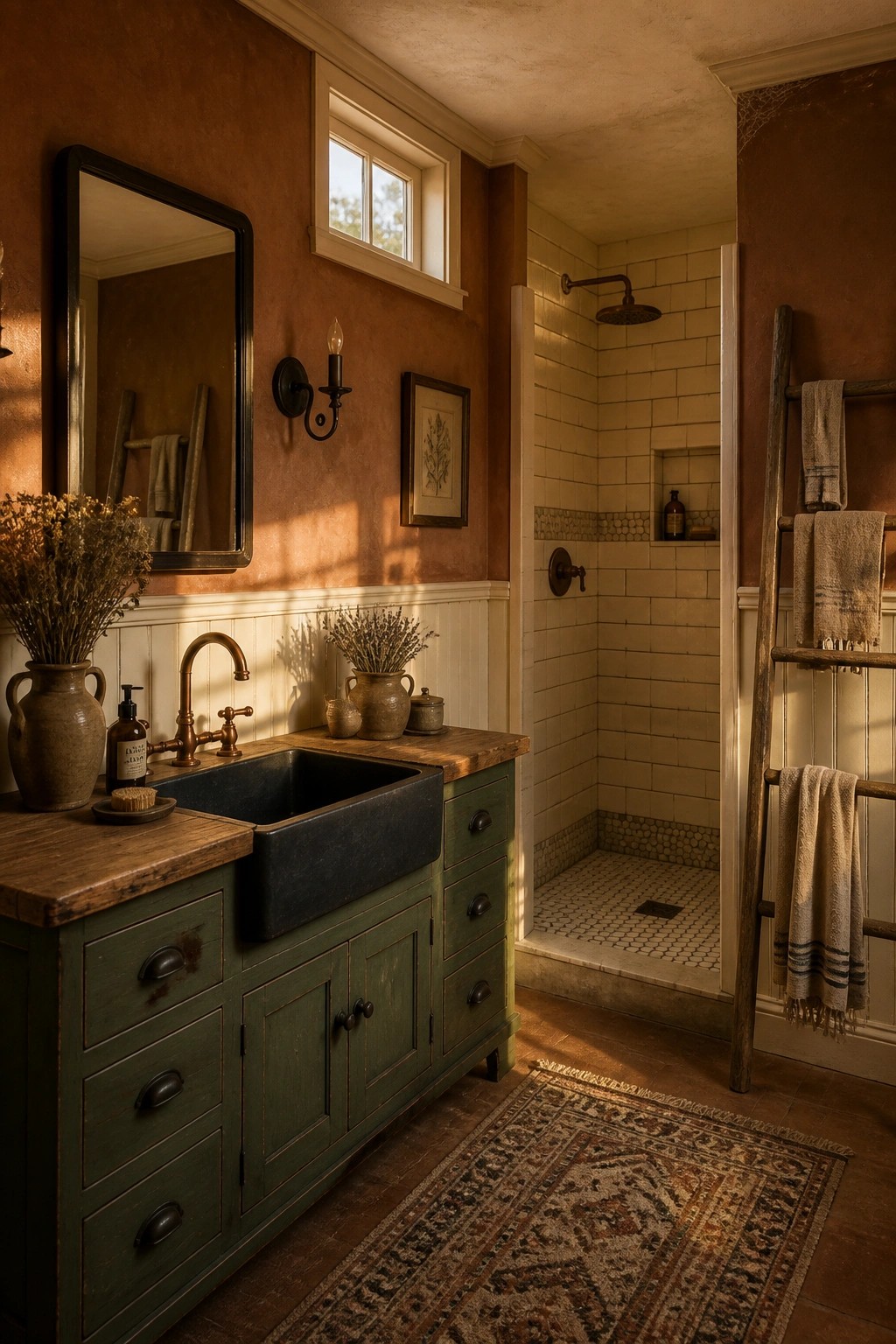 Rustic bathroom with green vanity, black sink, wooden ladder, and tiled shower