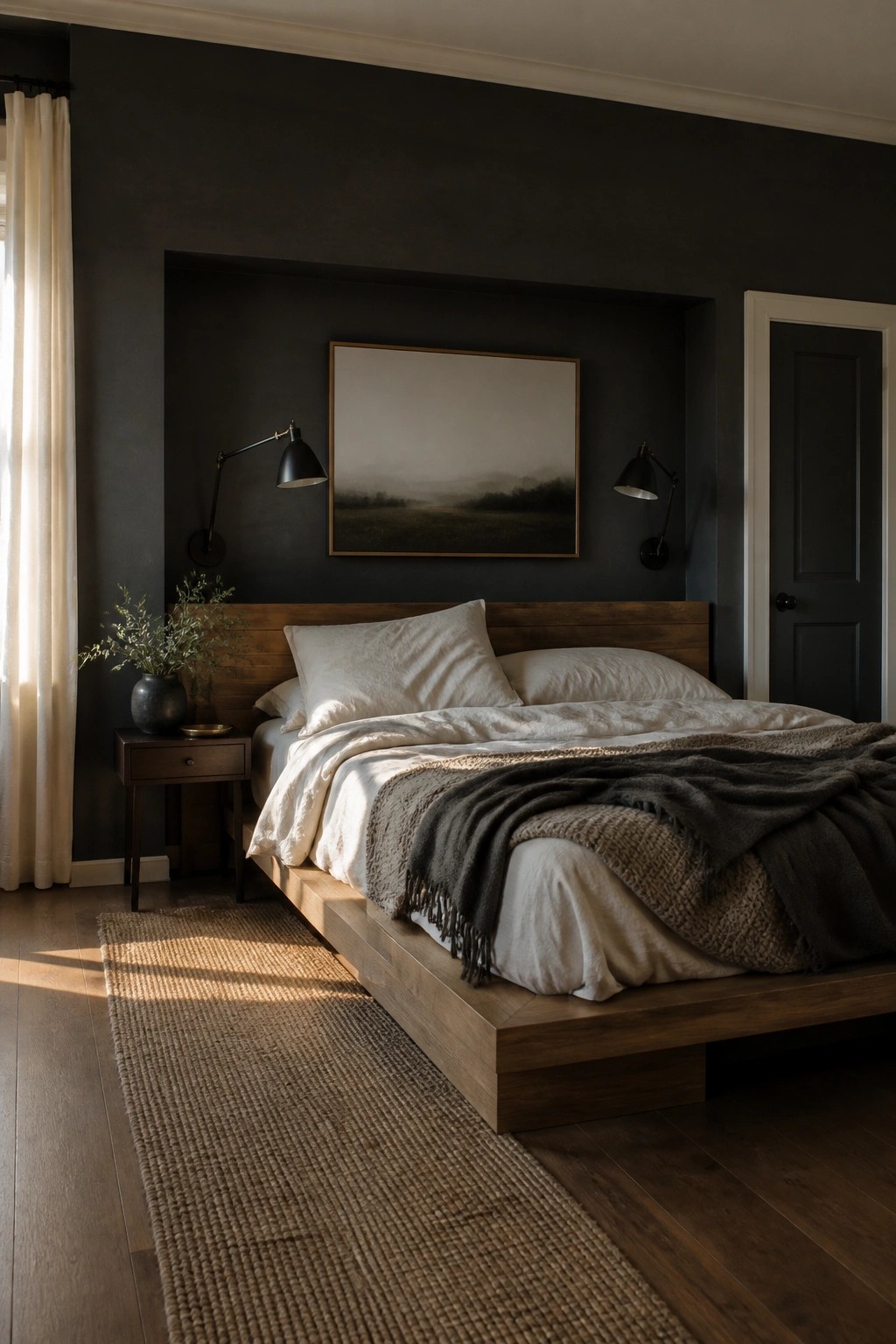 A bedroom featuring deep charcoal walls paired with a wooden platform bed.