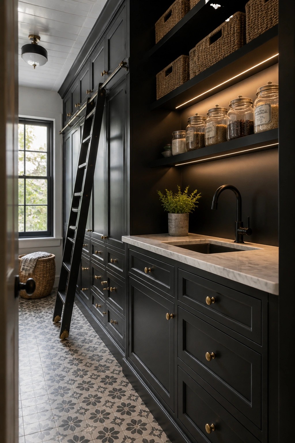 Dark pantry with black cabinets, rolling ladder, marble sink, and open shelves.