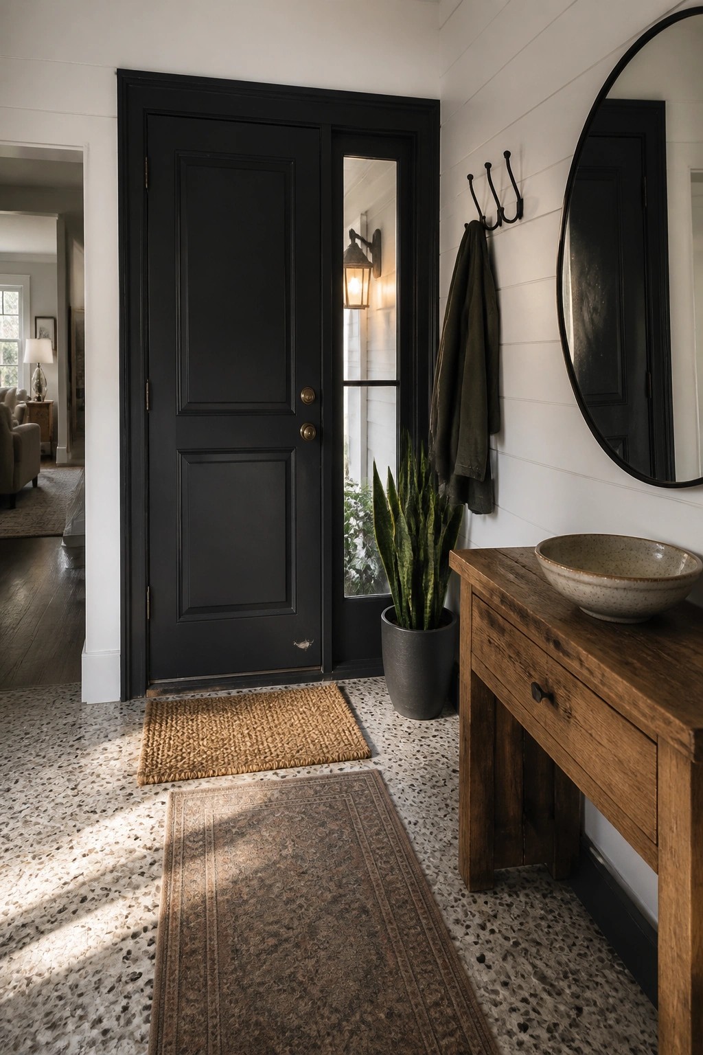 Black door, wooden console with bowl, round mirror, plant, and rugs in sunlit entryway
