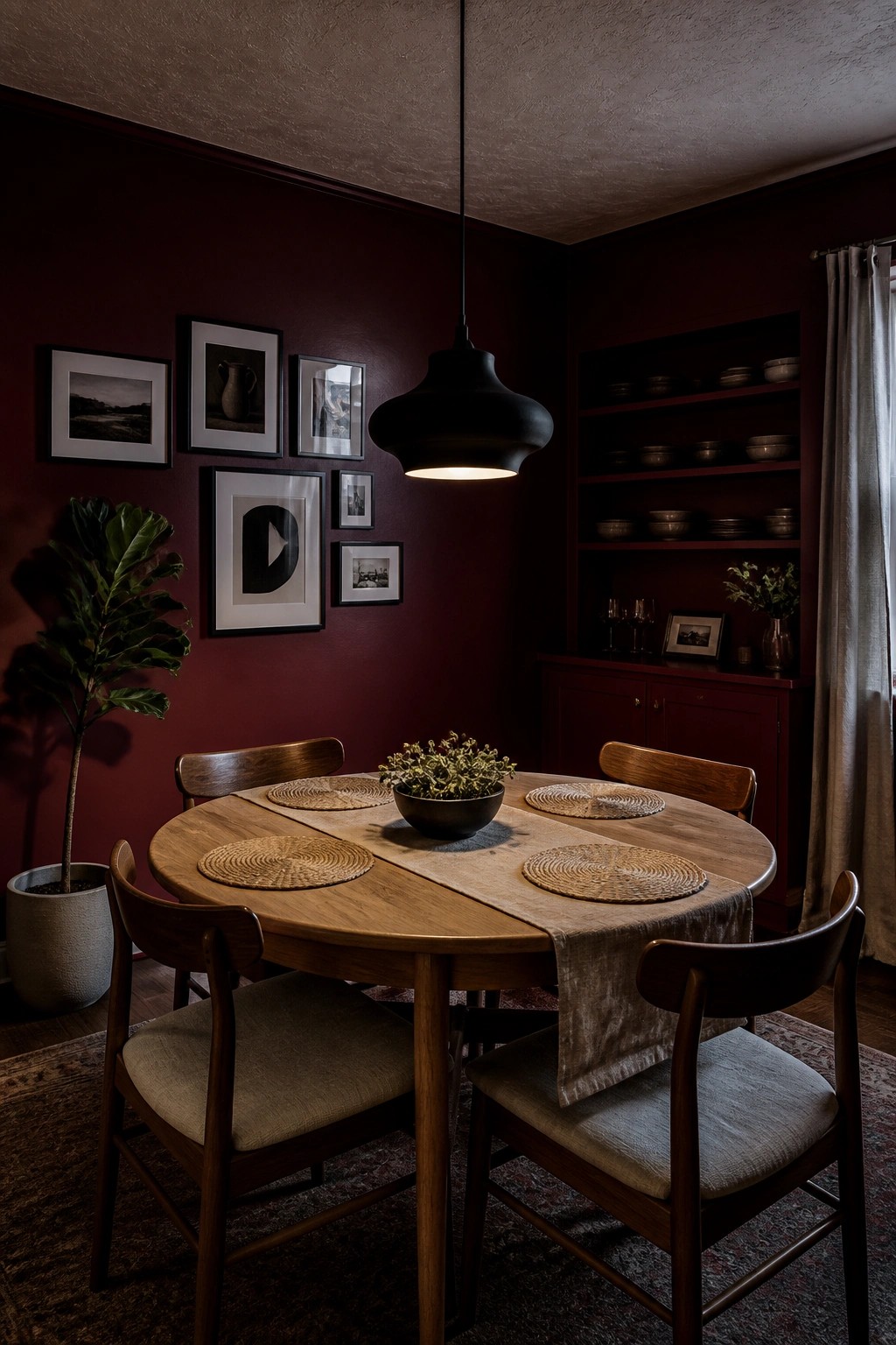 A dining room with deep burgundy walls and a round wooden table.