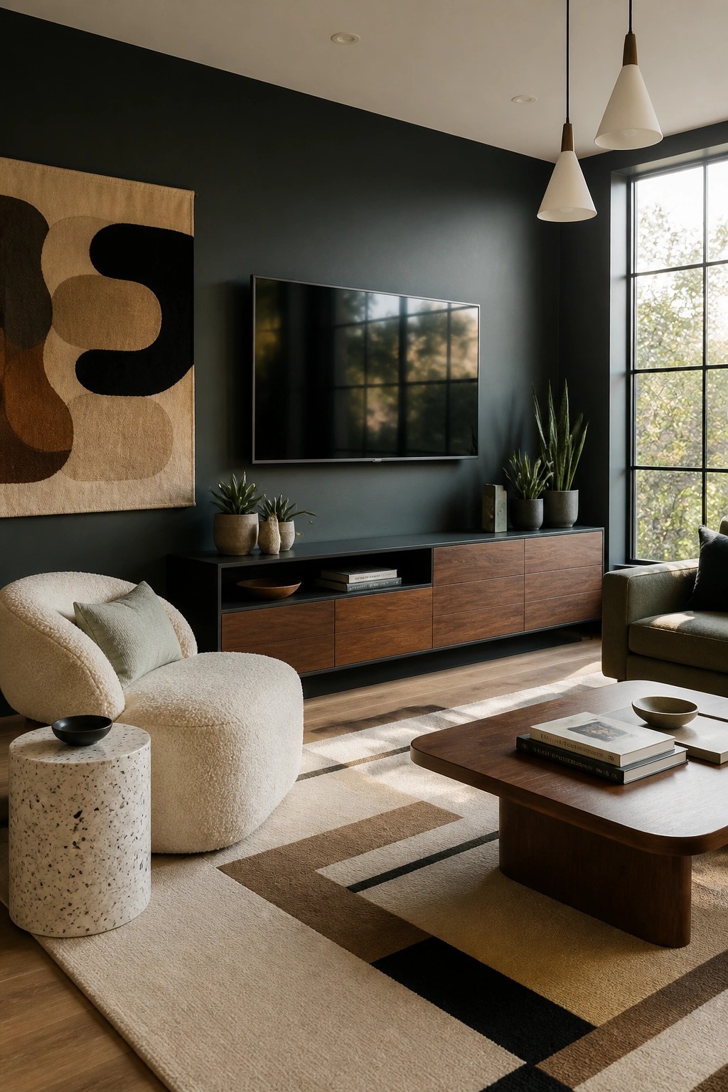 Living room with deep charcoal walls and a wooden media console.