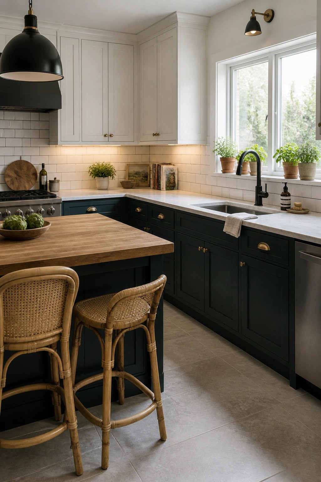 Dark green lower cabinets paired with white uppers in a kitchen with a wood island.