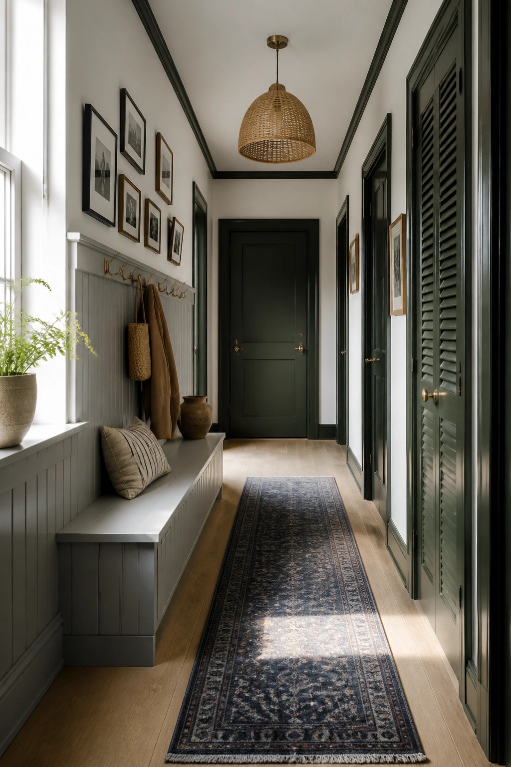 A hallway with dark green doors and trim against light walls.