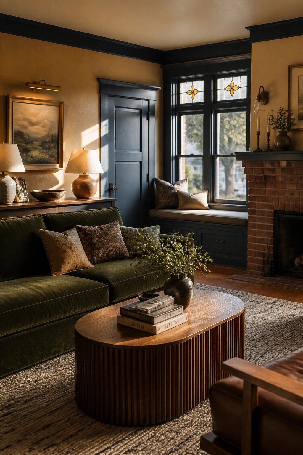 A deep navy door and trim stand out against warm yellow walls in a living room.
