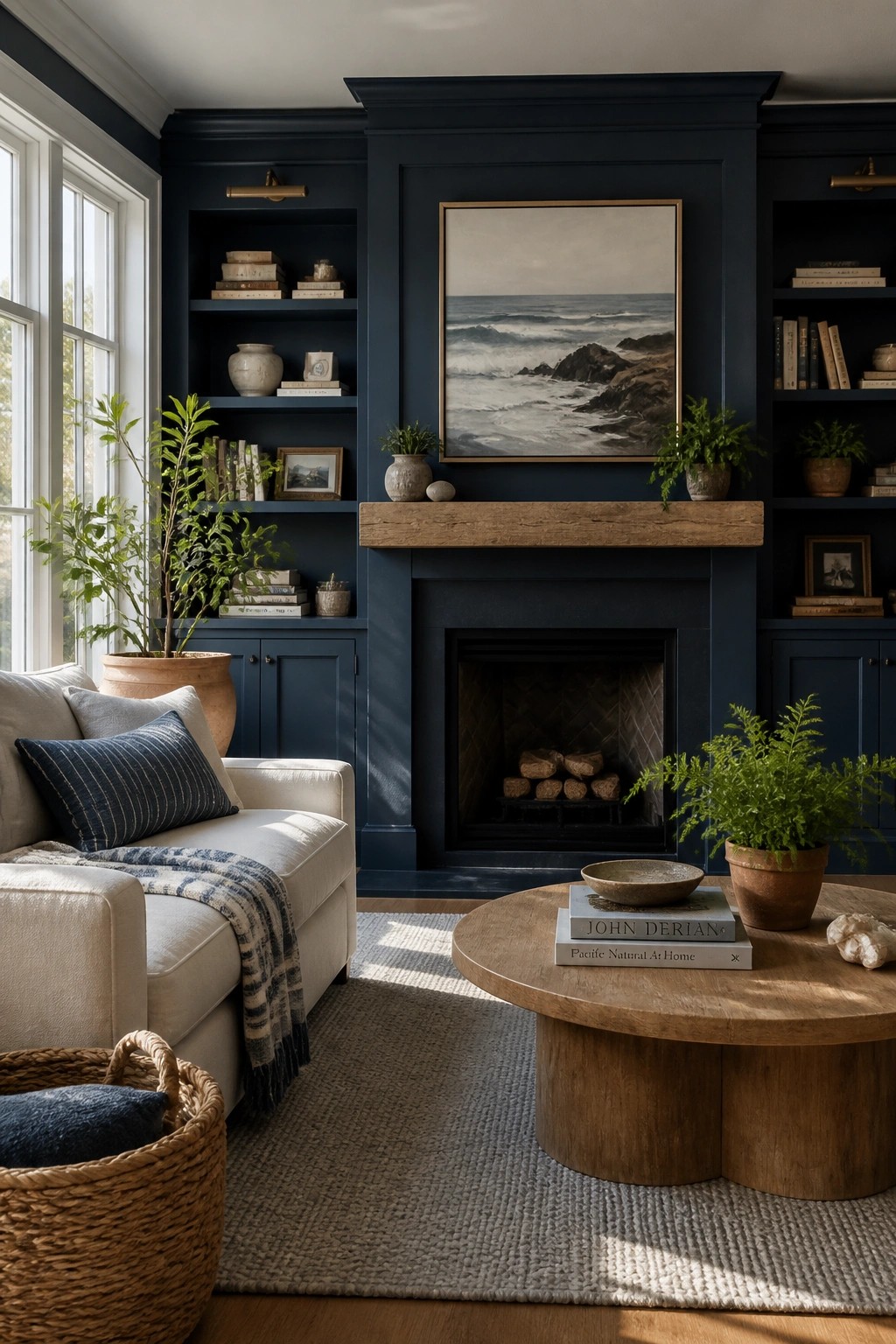 A living room featuring deep navy painted walls and built-in bookshelves surrounding a fireplace.