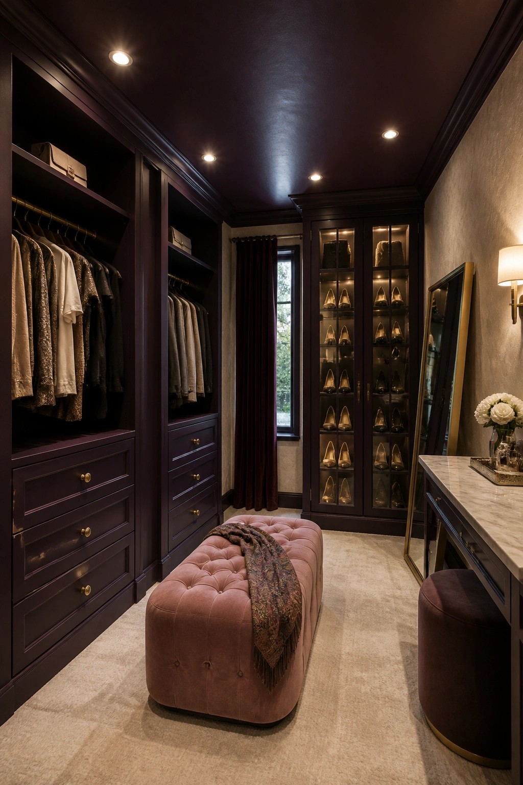 Deep plum cabinetry fills a walk-in closet with open shelving and a tufted bench in the center.