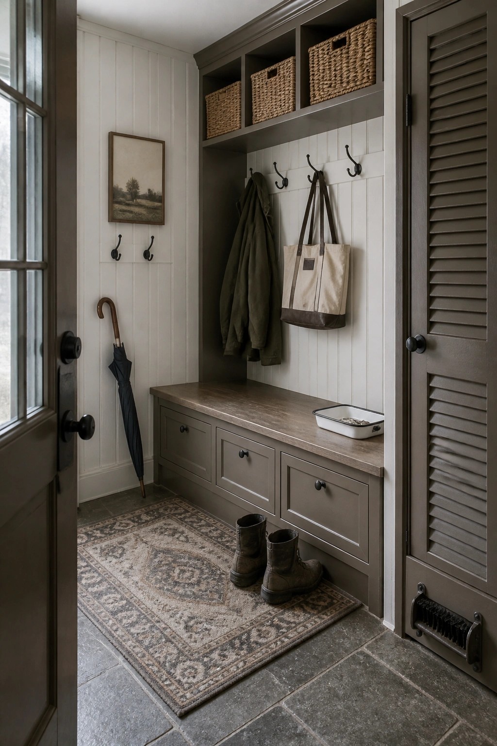 Dark taupe built-in cabinetry and bench in a mudroom with wood hooks and storage baskets.