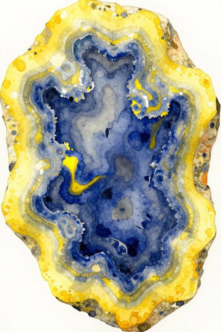 Watercolor geode slice with yellow outer bands and swirling blue interior