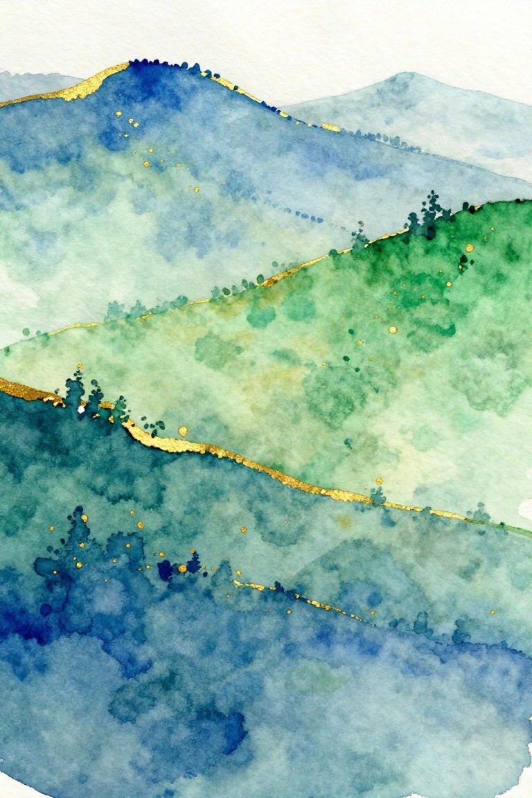 A watercolor painting of layered mountains in shades of blue and green with gold accents along the ridges.