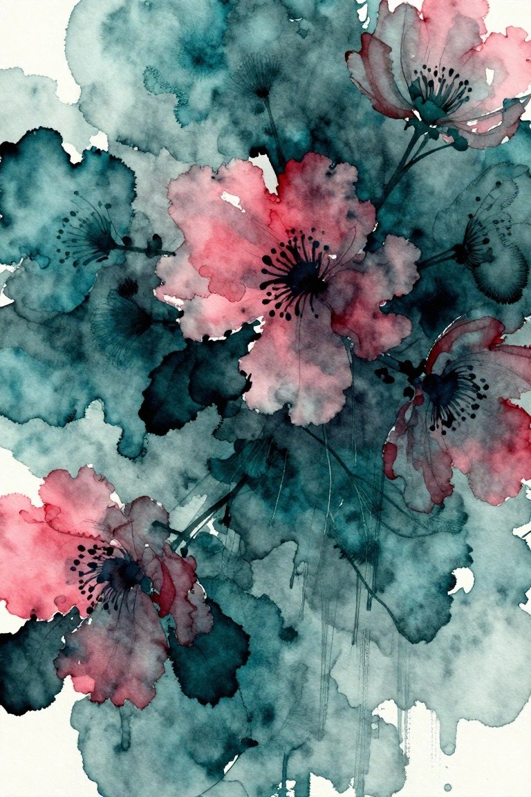 Abstract pink flowers with dark centers amid teal watercolor washes and drips