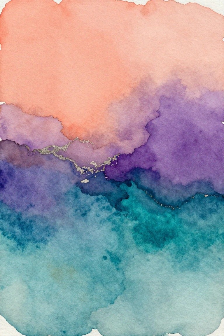 Abstract watercolor with peach-purple-teal washes and shimmering gold accents