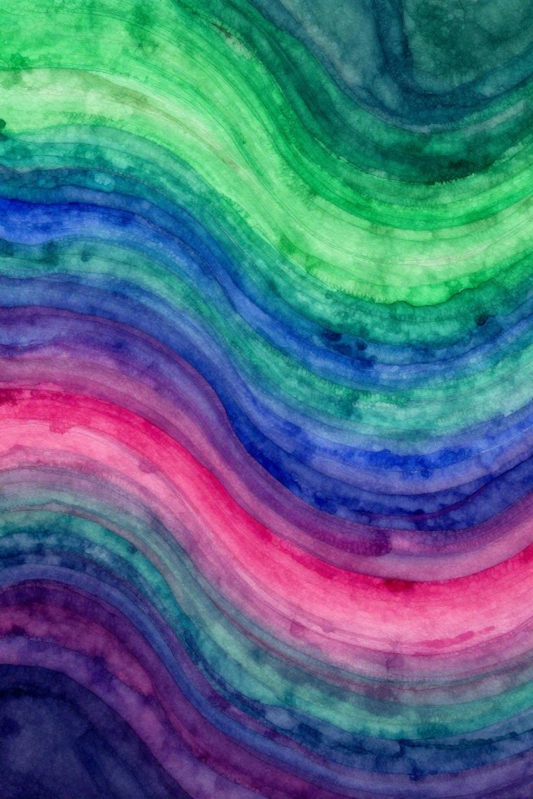 Vibrant watercolor waves blending green, blue, purple, and pink hues.