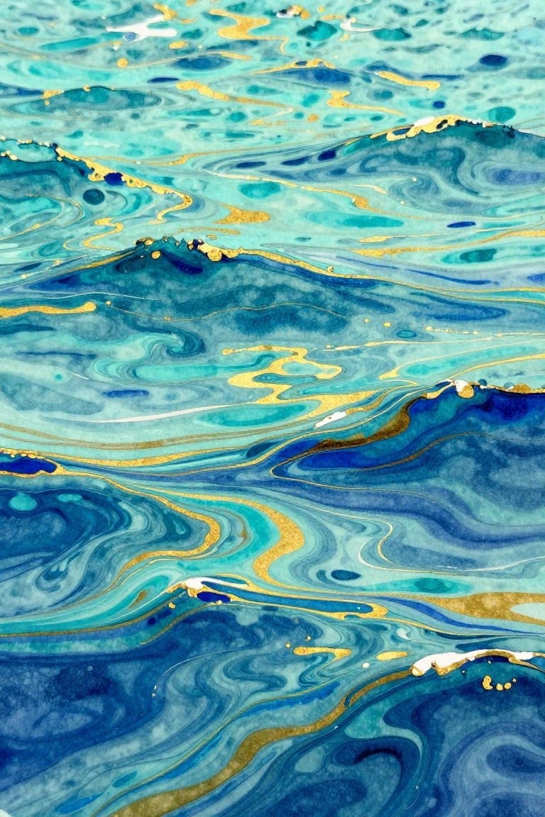 Swirling blue and teal fluid art with flowing gold metallic accents