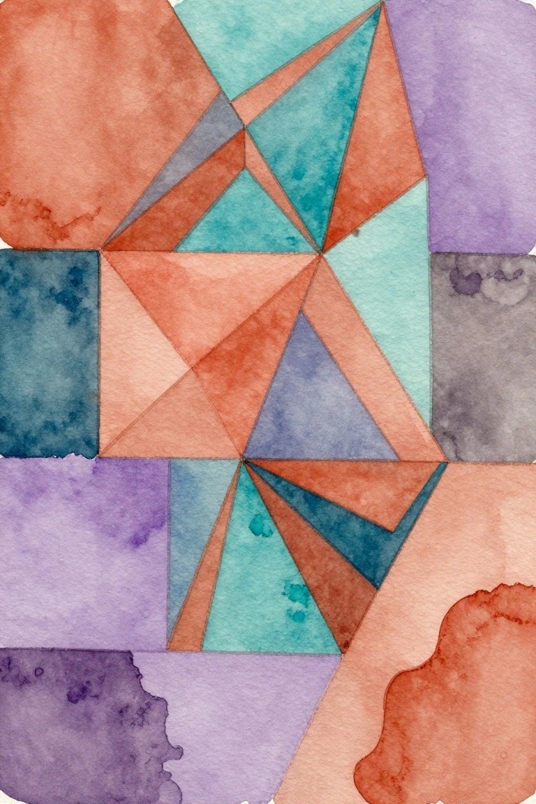 A watercolor painting of overlapping triangles in coral, teal, purple, and gray tones forming a geometric abstract pattern.