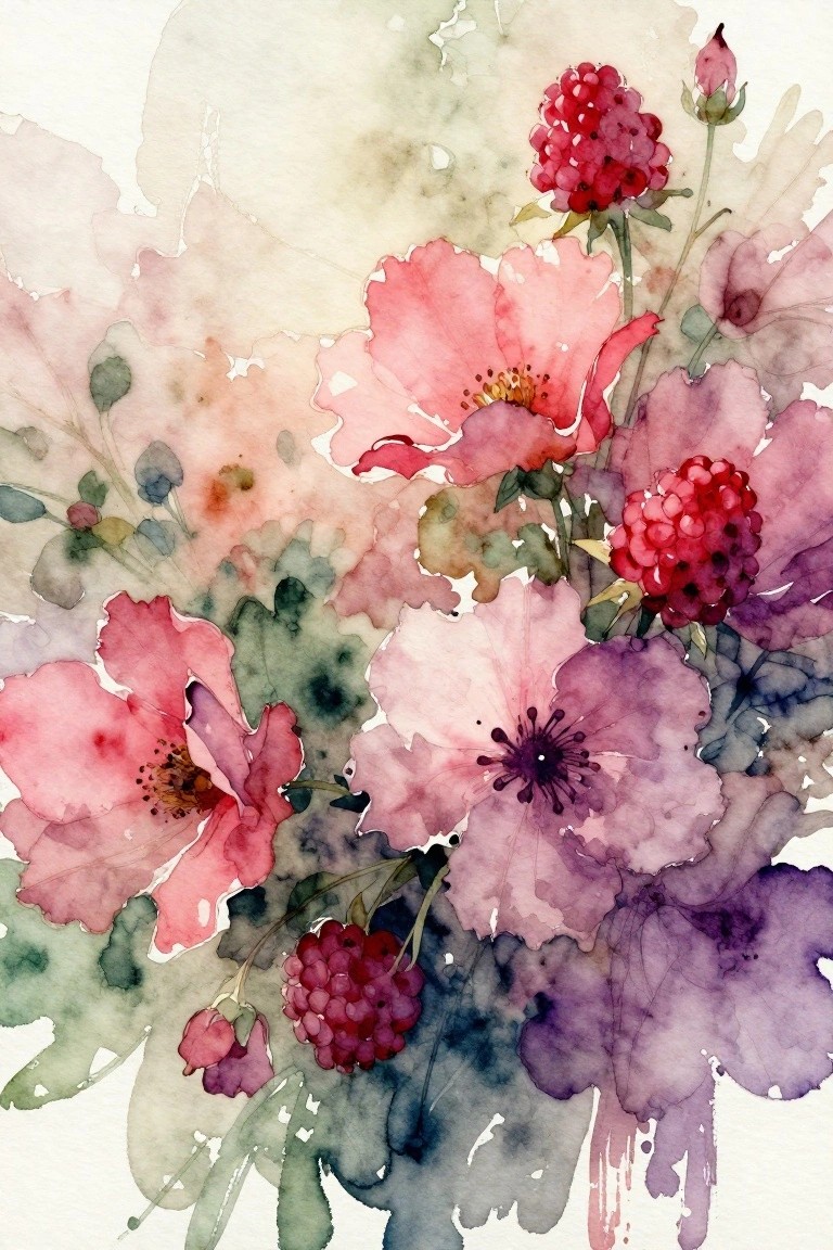 Watercolor painting of pink and purple flowers with red berry clusters and green leaves.