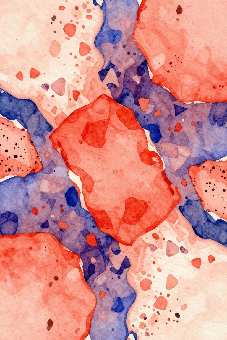 Watercolor abstract with overlapping irregular shapes in red, orange, blue, and purple plus scattered dots on a light background.