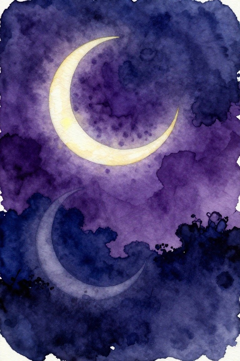 A watercolor painting of two crescent moons, one bright yellow and one faint, set against a dark purple and blue cloudy sky.