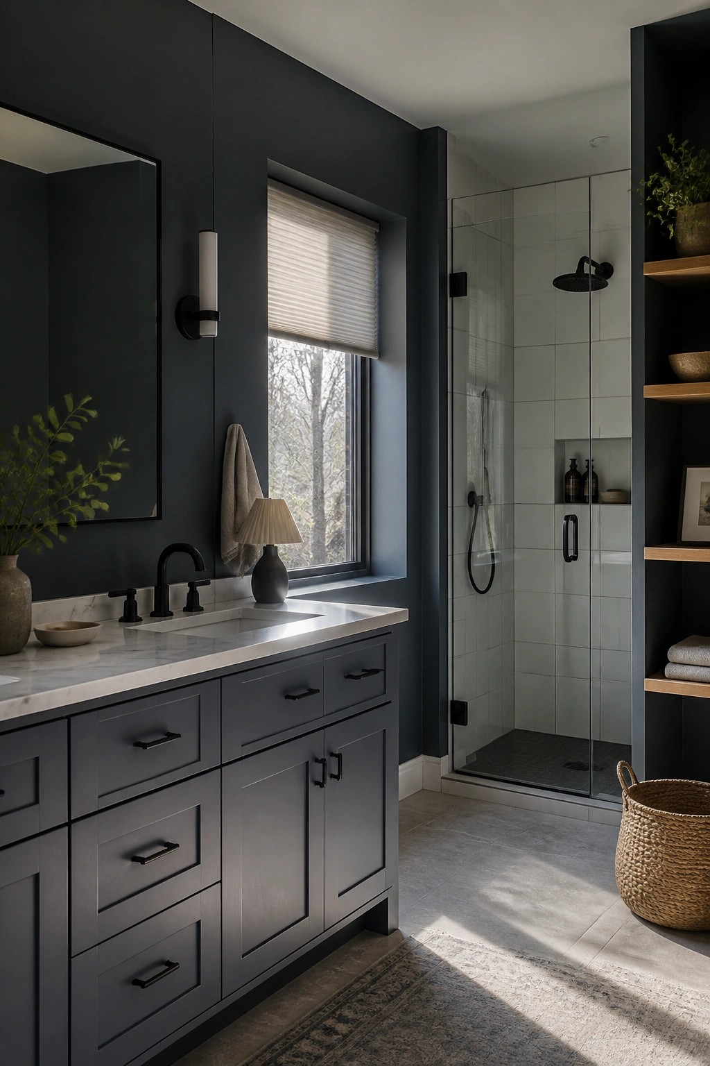 Modern dark gray bathroom with marble vanity, black fixtures, and glass shower.