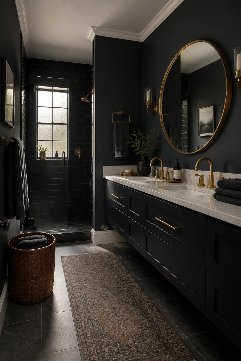 Dark navy walls in a modern bathroom with brass fixtures and white marble counters.