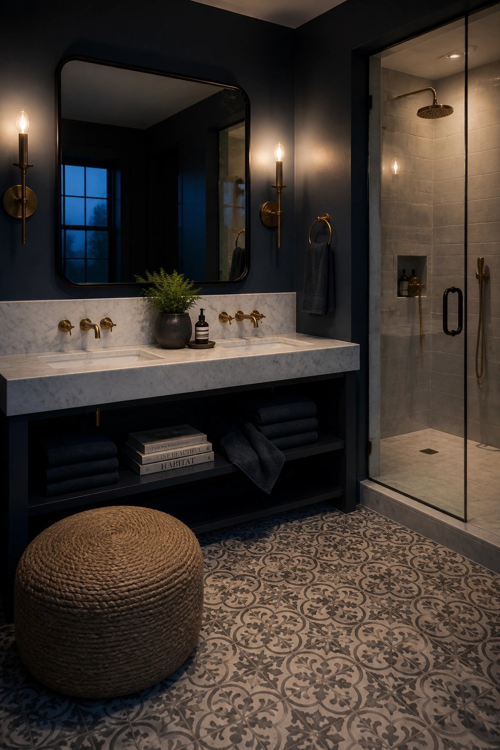 Bathroom walls painted in deep navy blue beside a white marble vanity.
