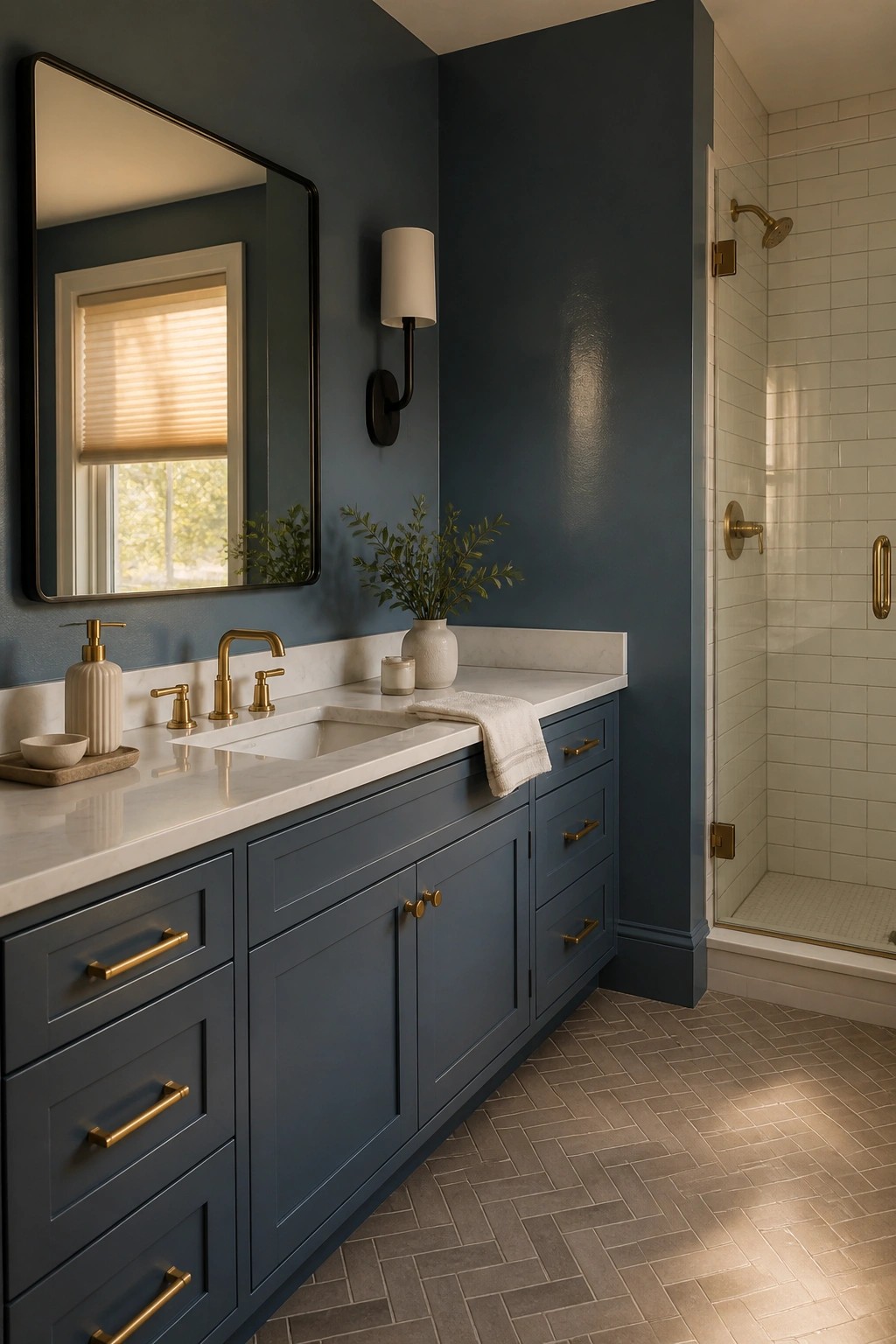 A bathroom featuring deep navy painted walls and a white marble vanity.