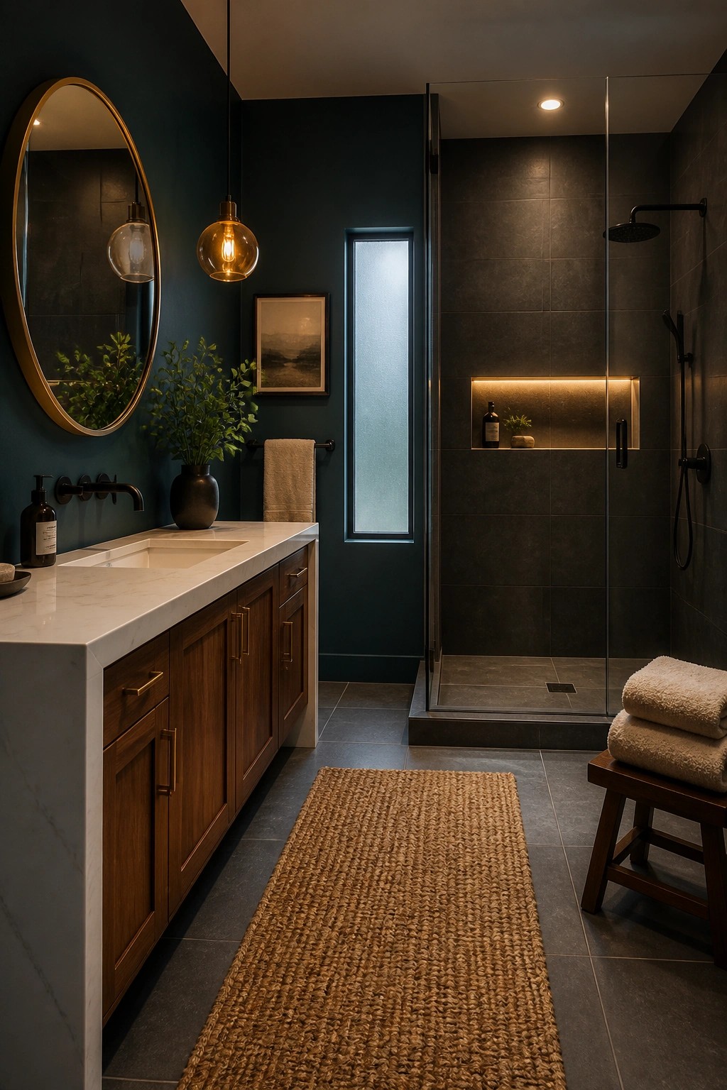 A bathroom with deep teal walls and a wood vanity.