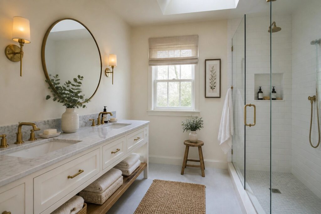 22 Elegant Bathroom Wall Paint Colors for a Polished Primary Bath Refresh A bathroom with warm creamy white walls and a marble vanity.