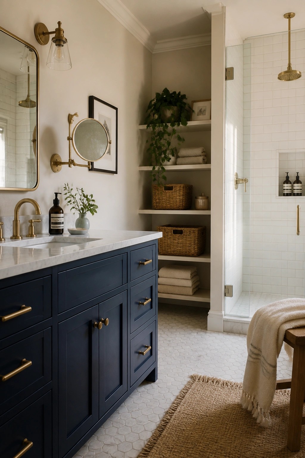 A bathroom vanity painted deep navy blue with a white marble top.