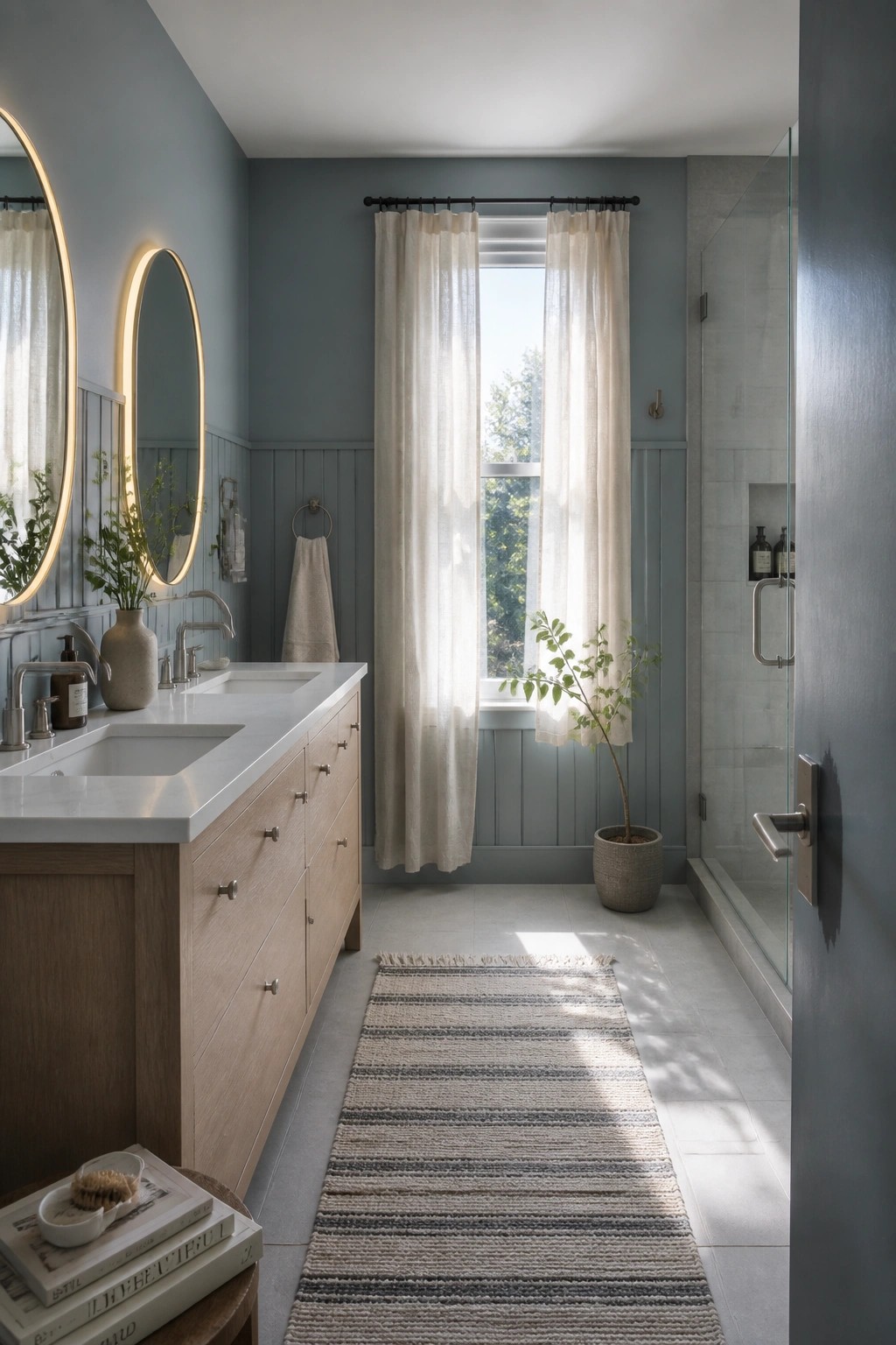 Bathroom walls painted in a soft blue gray with light wood cabinetry and white wainscoting.