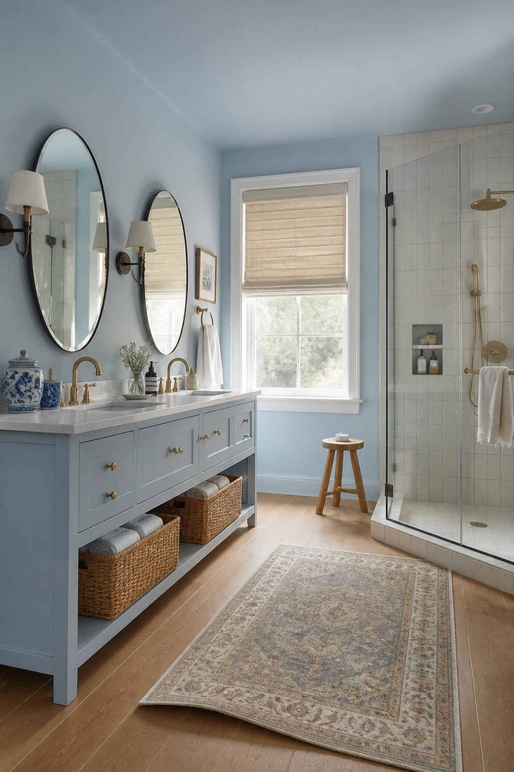 Light blue walls cover a bathroom with double sinks and a glass shower.