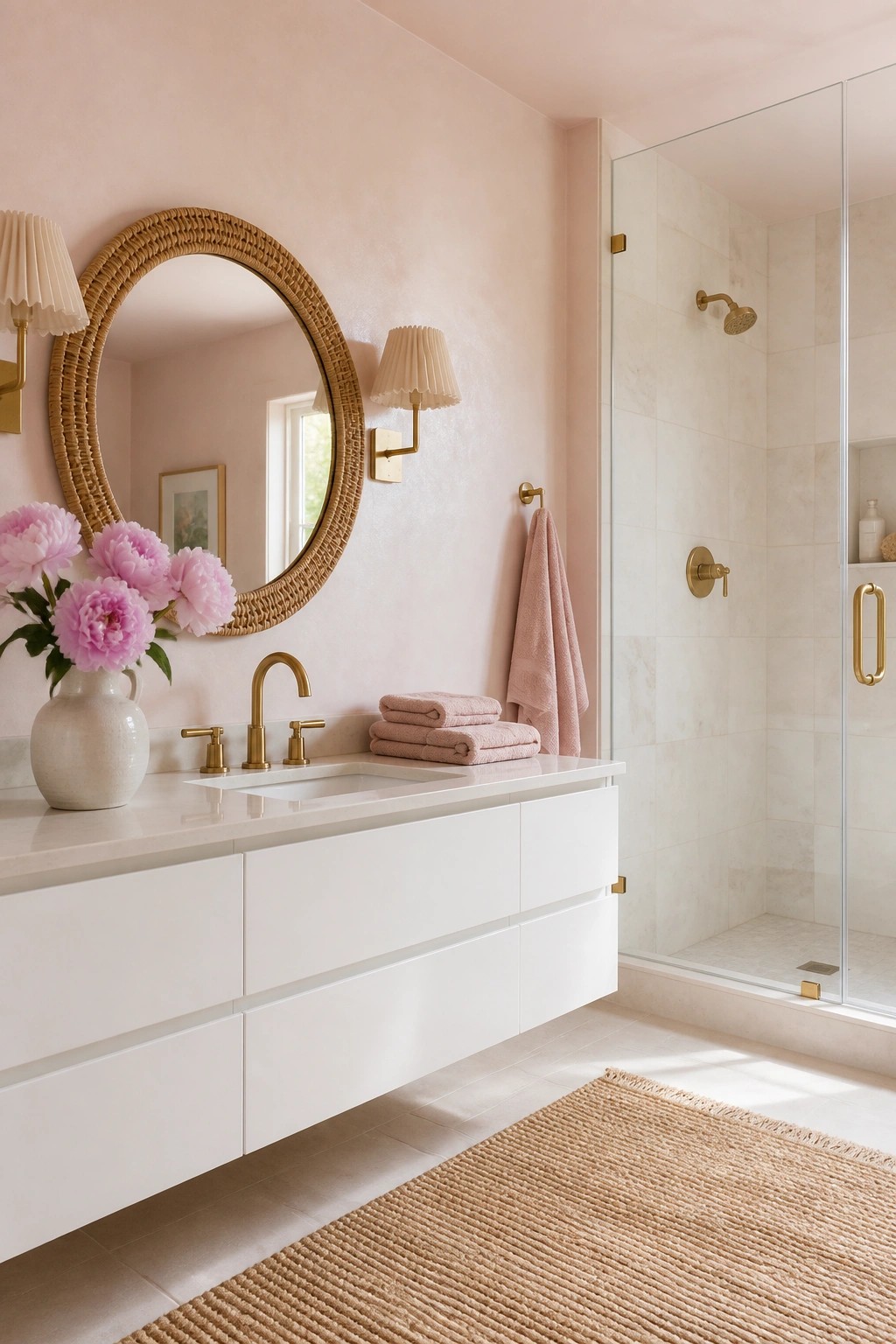 Bathroom walls painted in a soft blush pink with a white floating vanity.