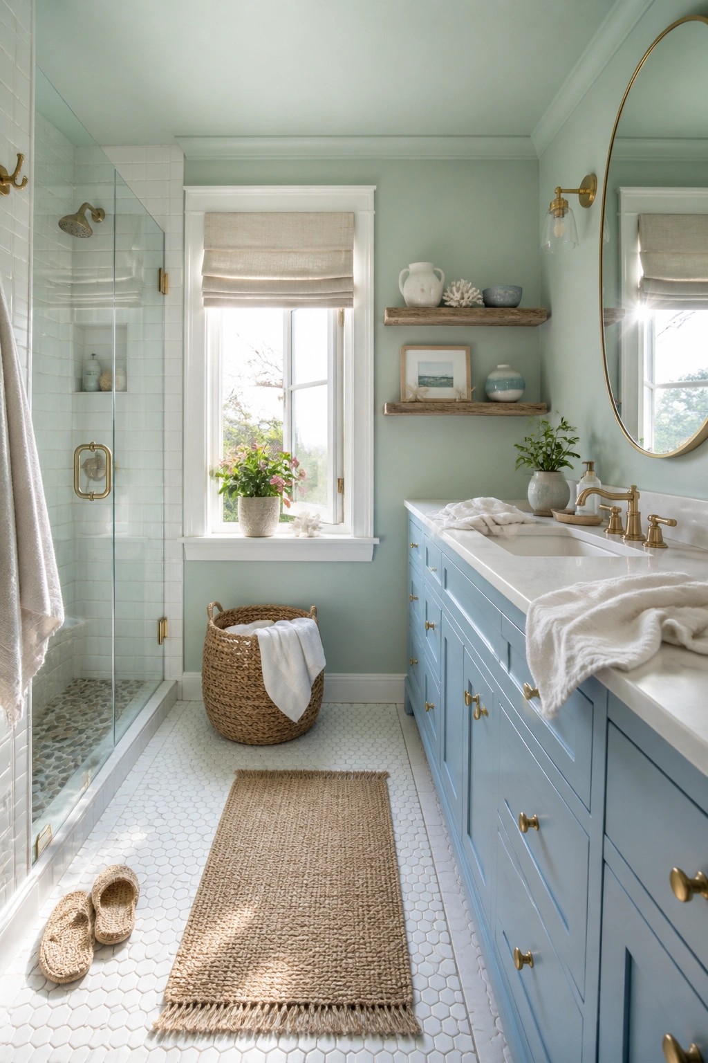 Light mint green walls in a bathroom with white tile and blue vanity.