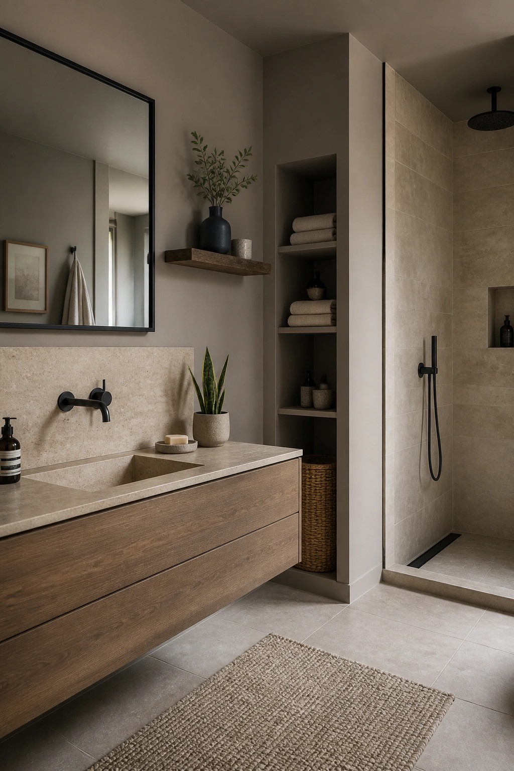 A bathroom with soft greige walls, a floating wood vanity, and stone tile.