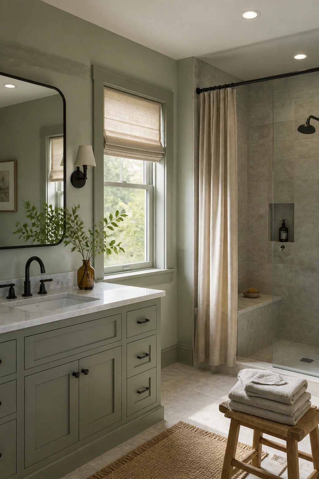 Sage green bathroom vanity with marble sink, window, tiled shower, and stool