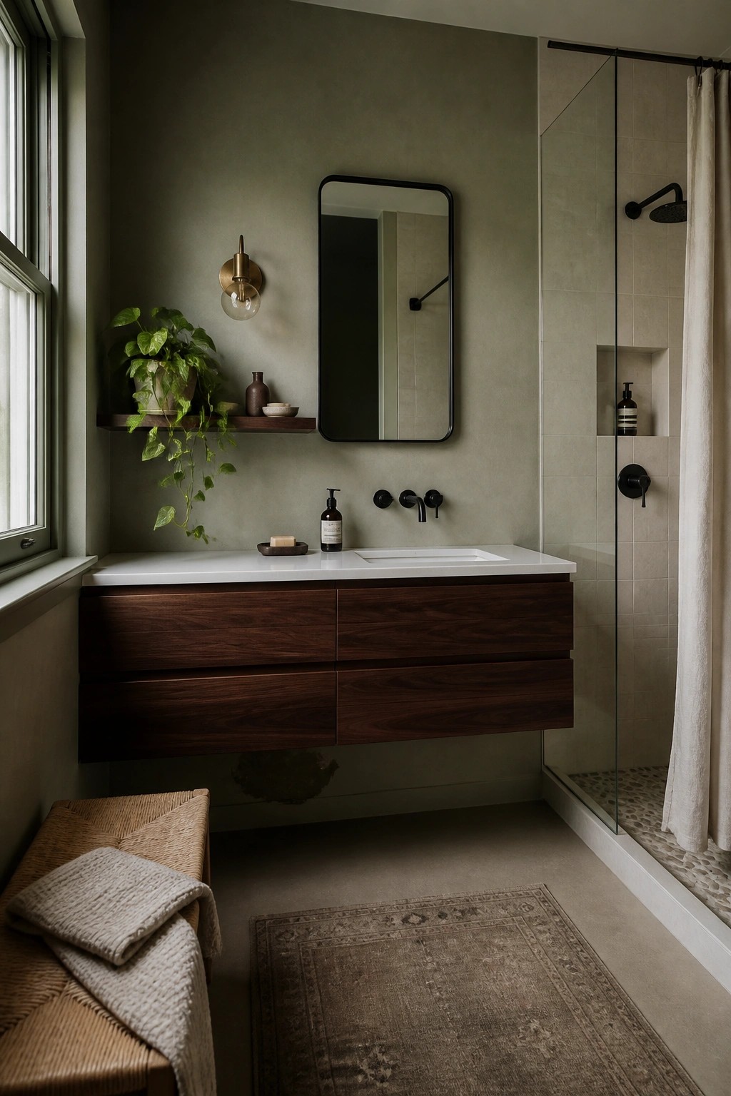 Bathroom walls painted in a soft muted sage green with dark wood vanity and black fixtures.