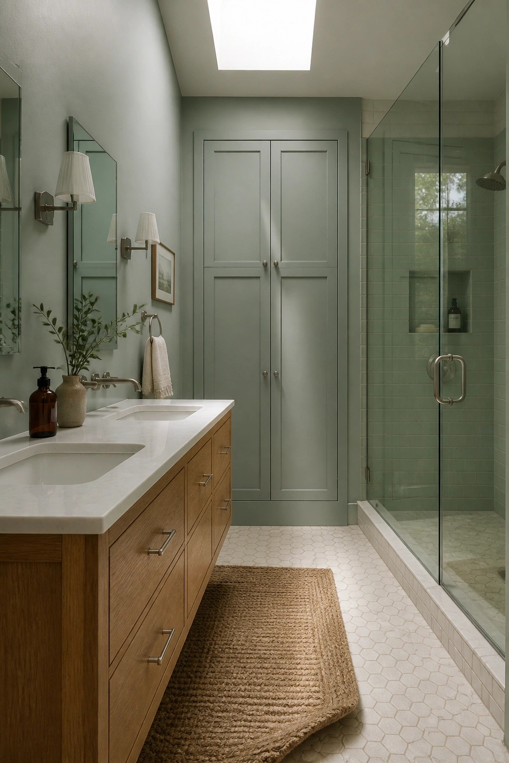 Bathroom with soft sage green walls and wood vanity.