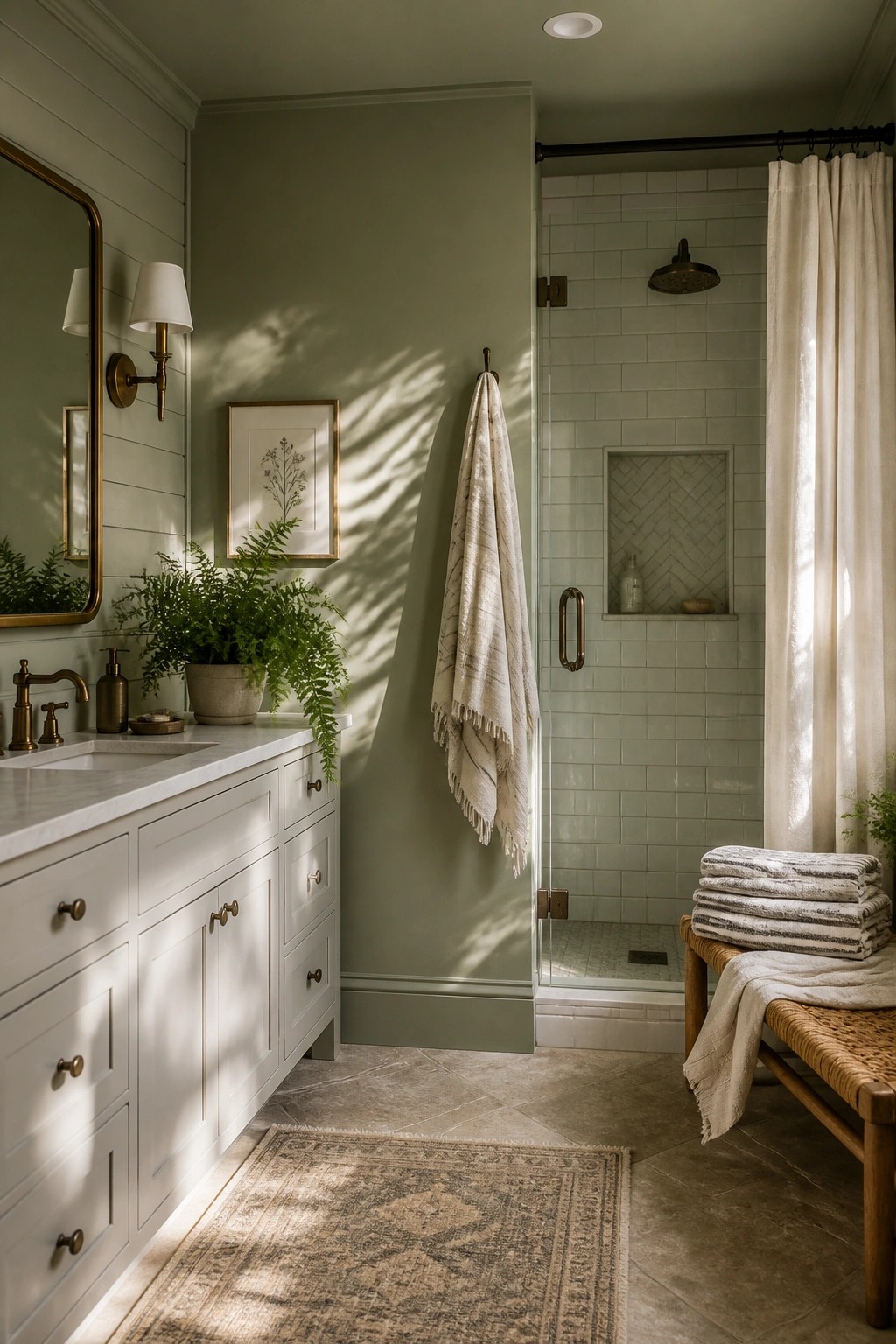 Bathroom walls painted in a soft sage green with white vanity and shower.