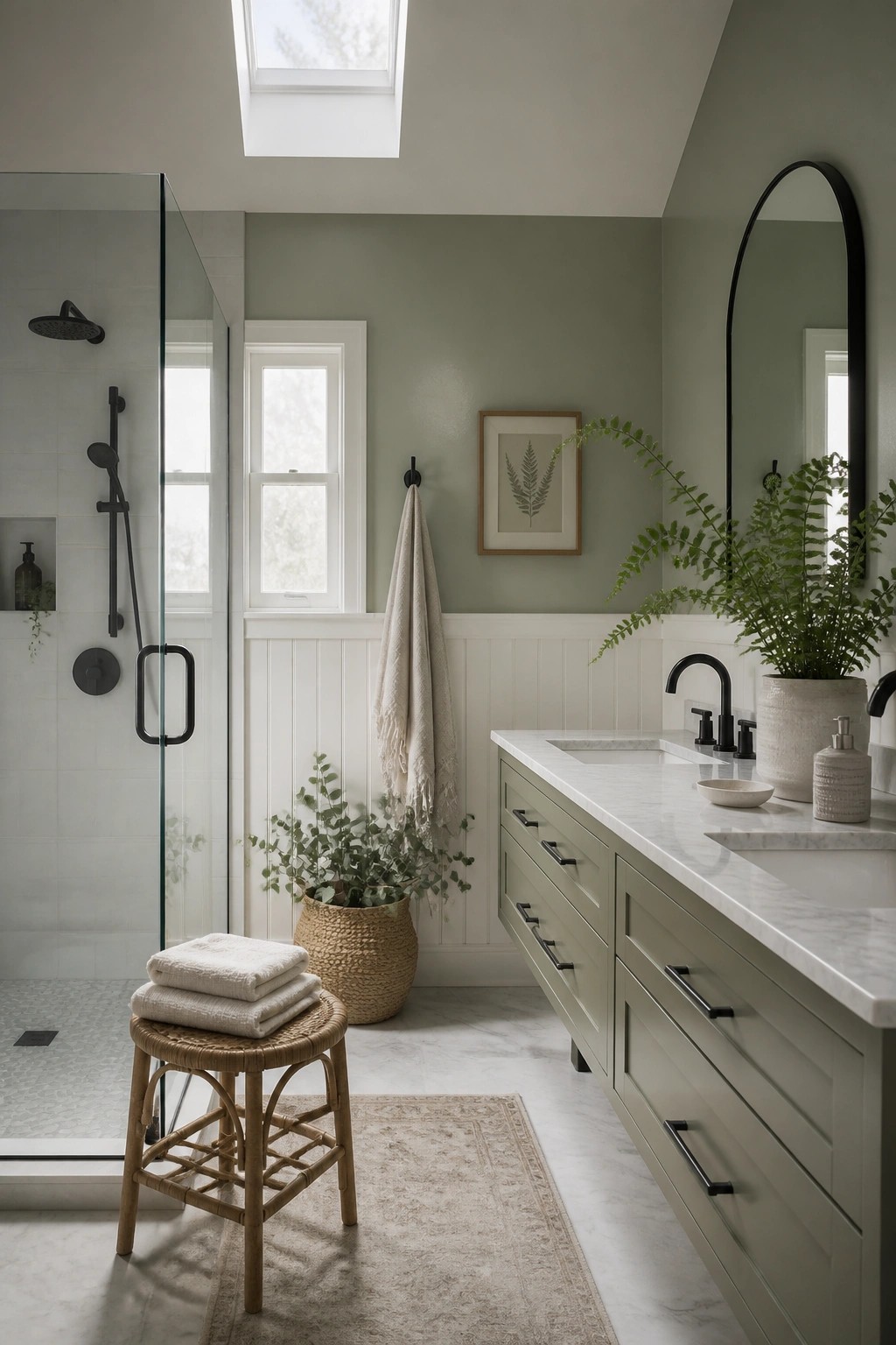 Bathroom walls painted in a soft sage green above white wainscoting.