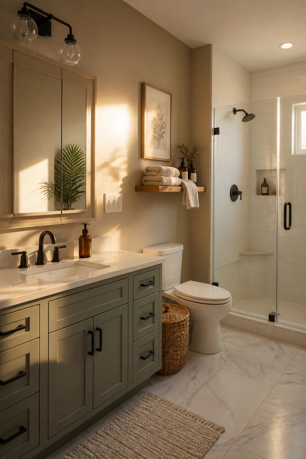 A bathroom with warm beige walls, green vanity, and white tile shower.