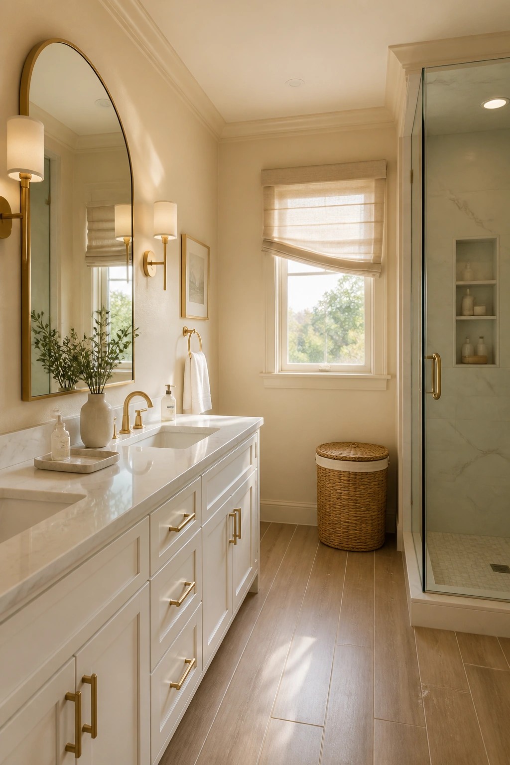 Bathroom walls painted a soft warm beige with white vanity and wood floor.