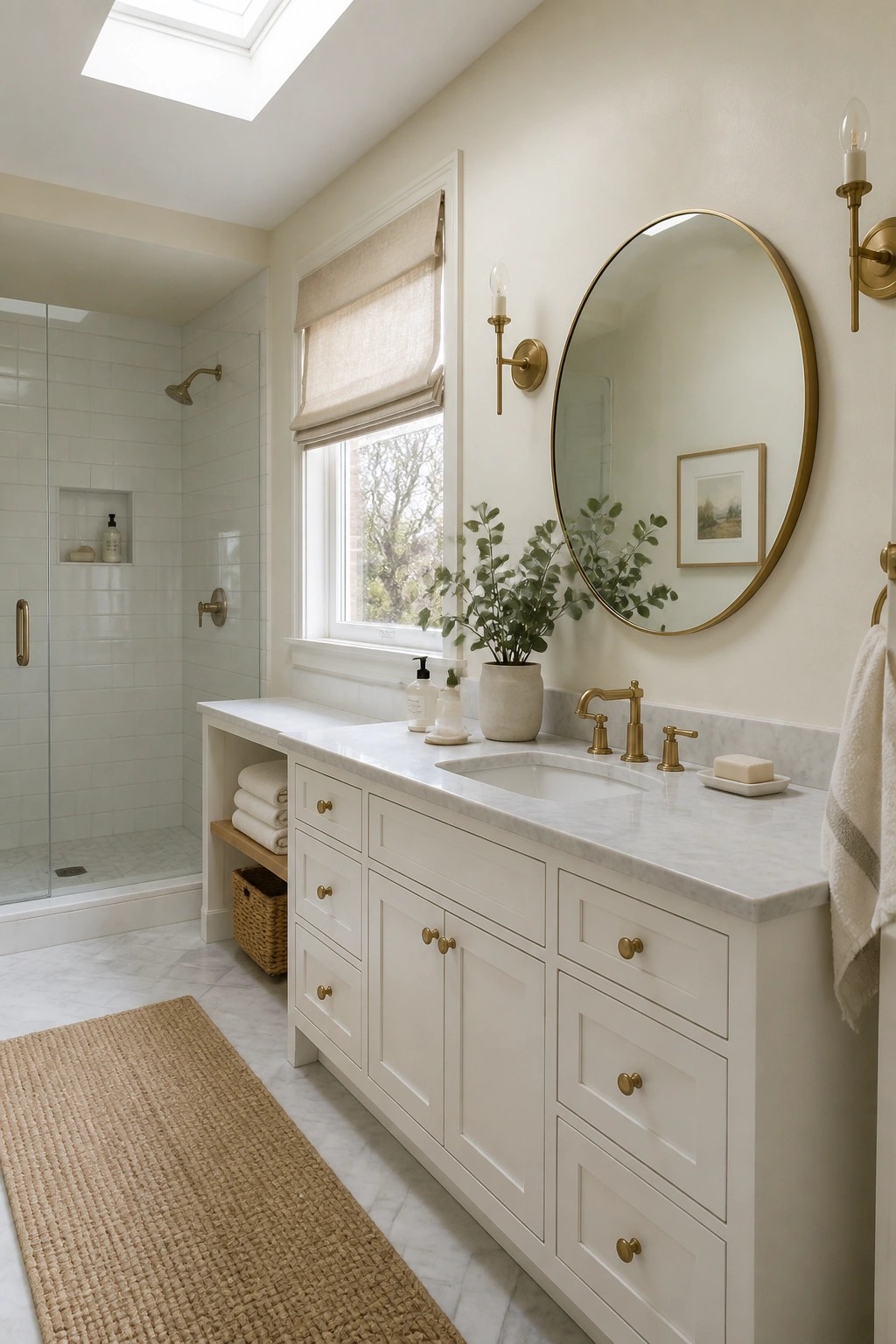 A bathroom with warm creamy white walls and a marble vanity.