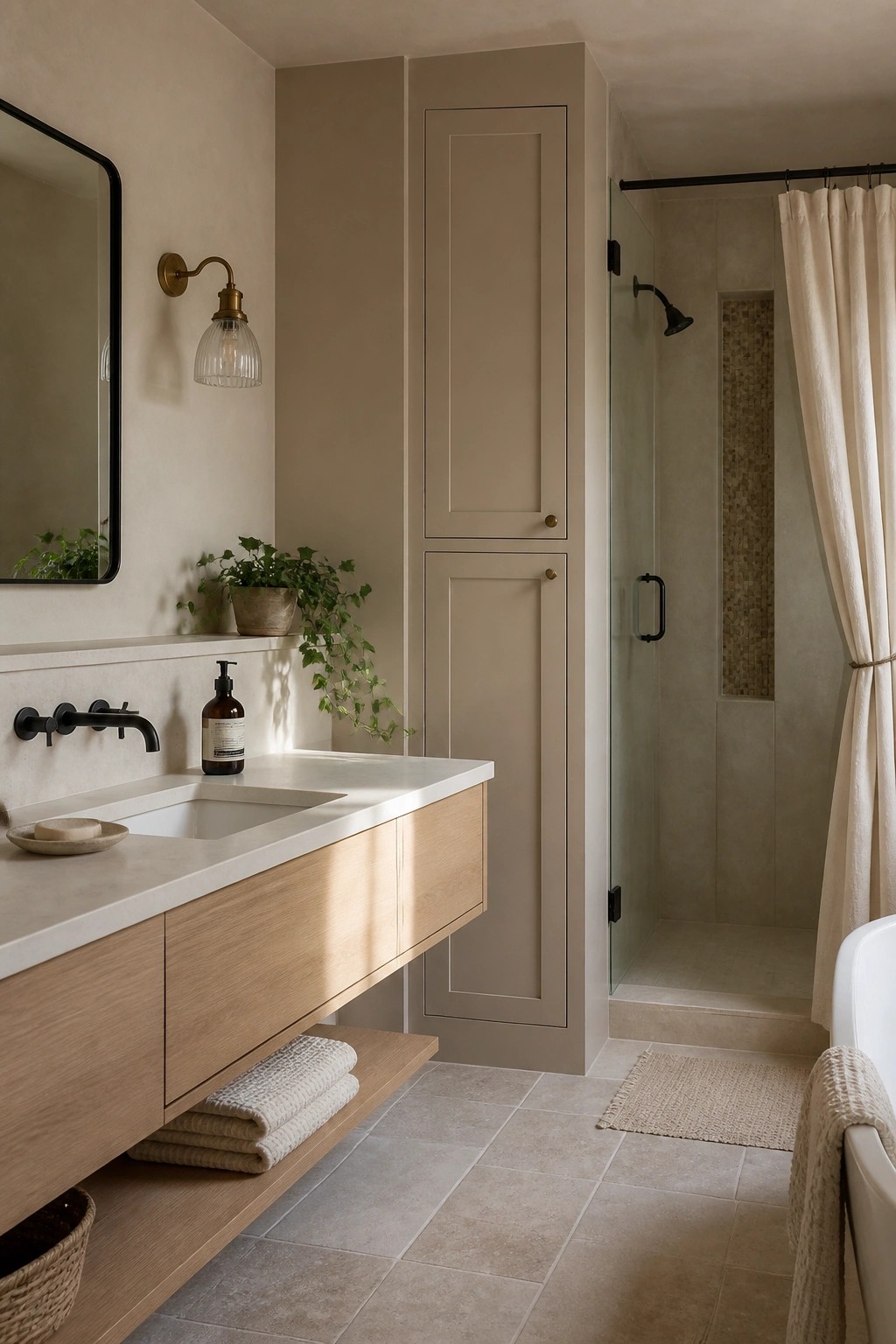 Bathroom walls painted in a soft warm greige with wood vanity and tile flooring.