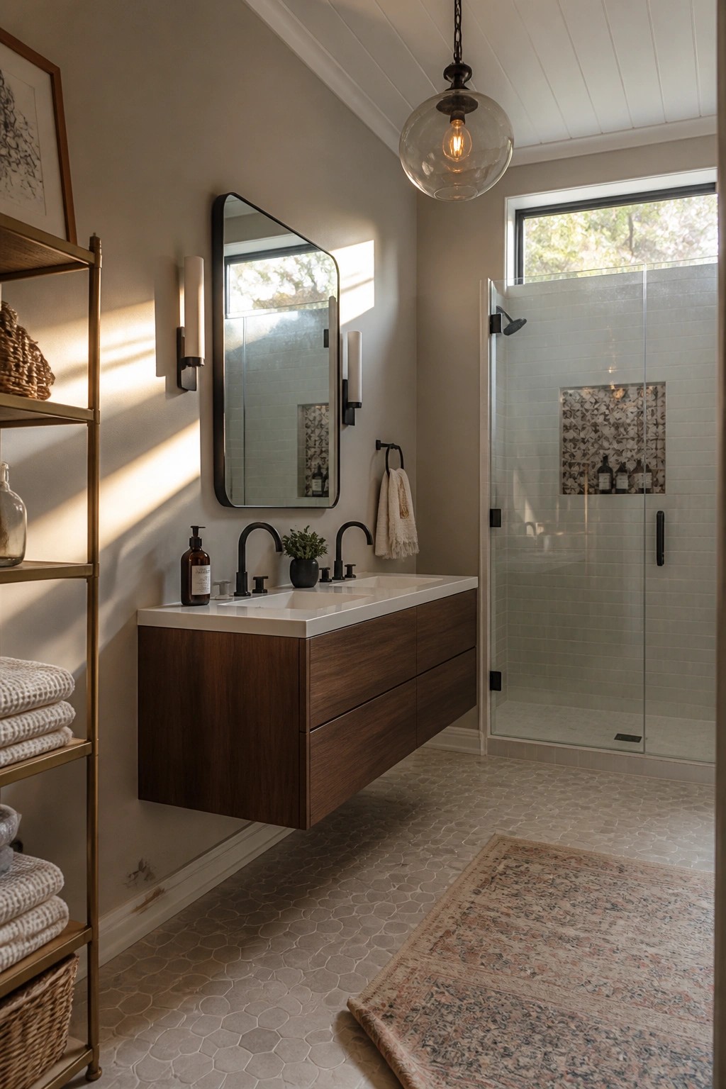 Bathroom walls painted in a soft warm greige with a floating wood vanity.