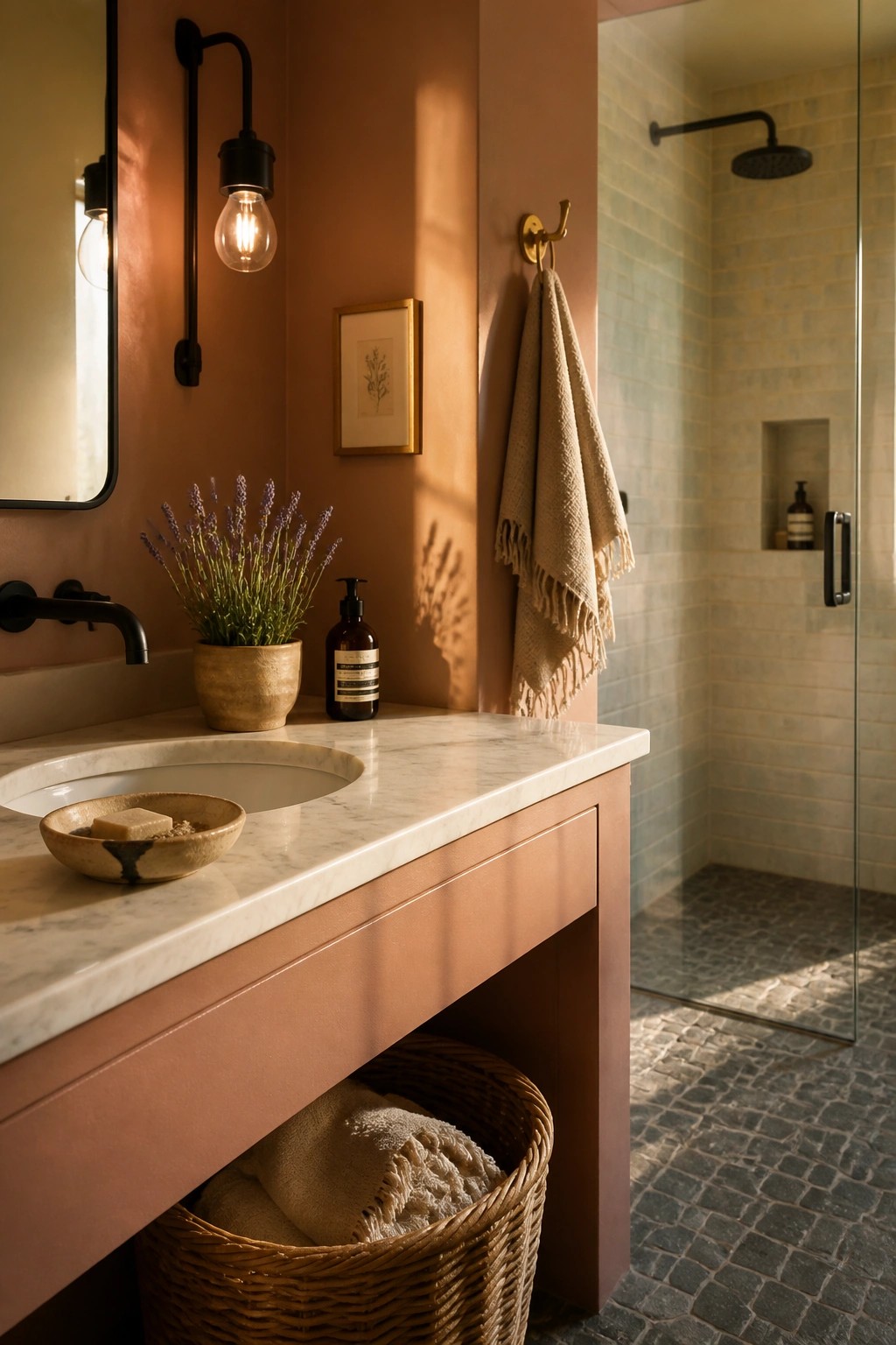 A bathroom featuring warm terracotta painted walls beside a marble vanity.