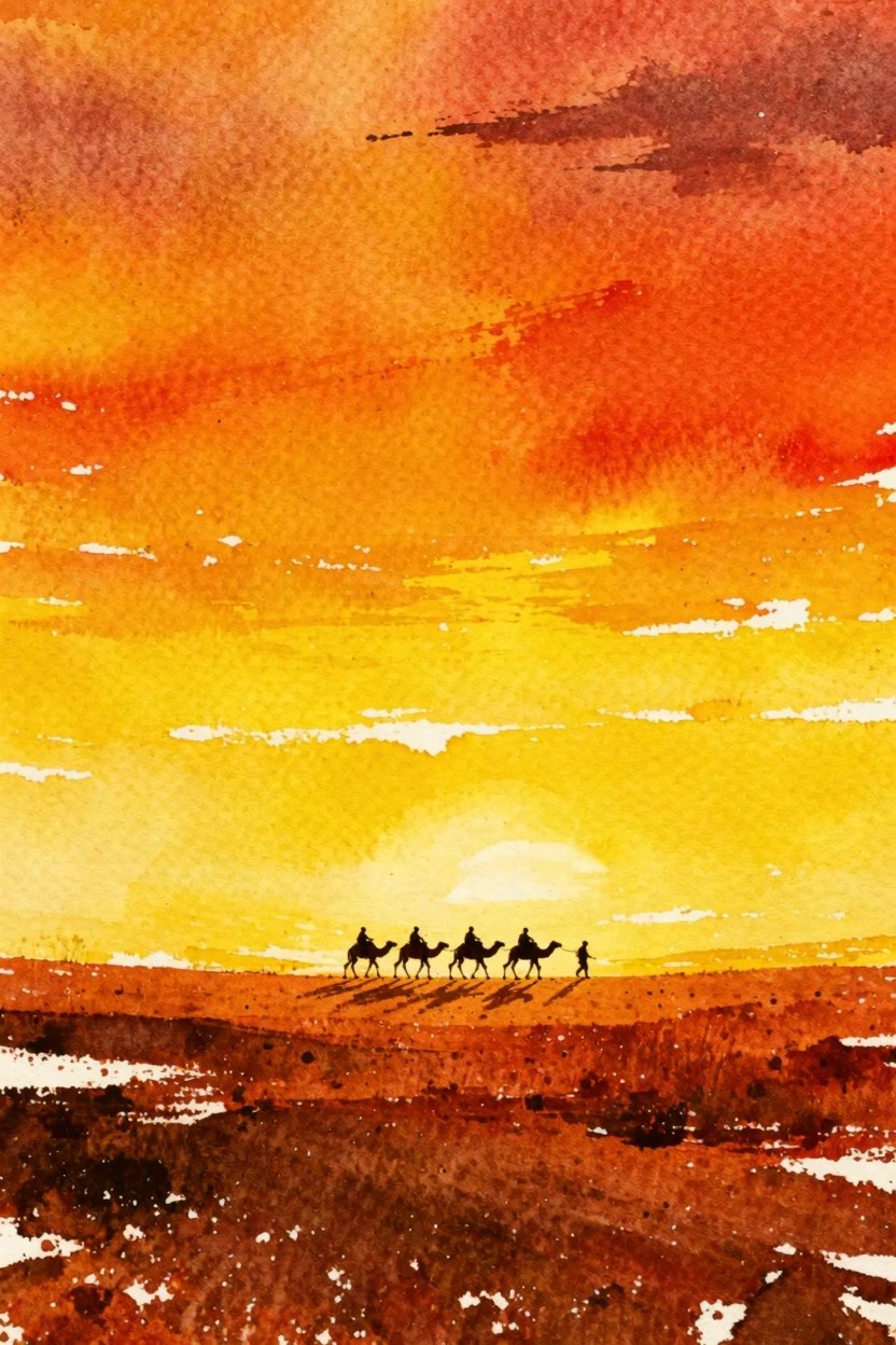 A painting of silhouetted camels and people walking across a desert under a sky filled with blended orange and yellow sunset colors.