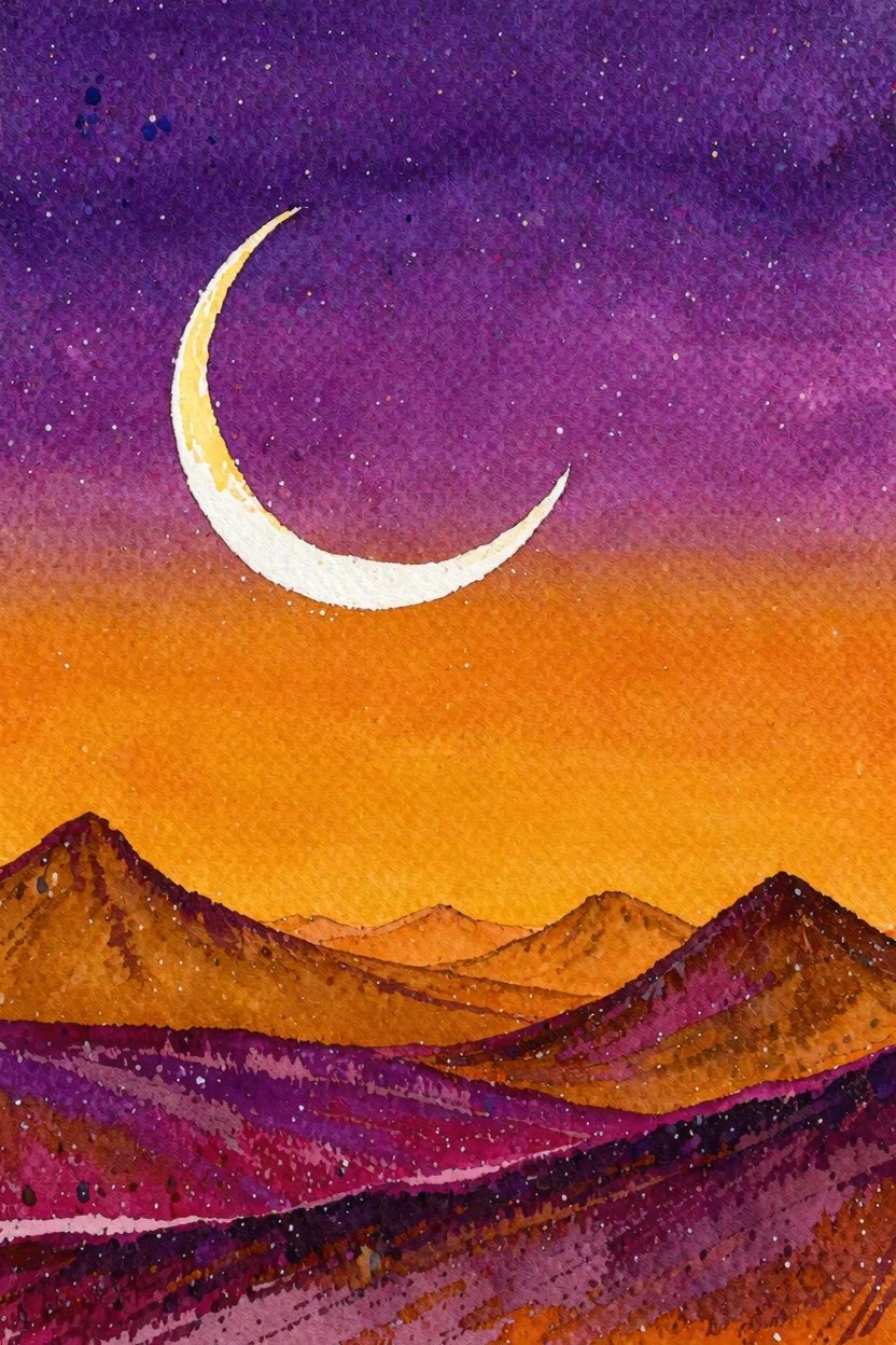 Watercolor crescent moon over purple-orange starry sky and layered mountains