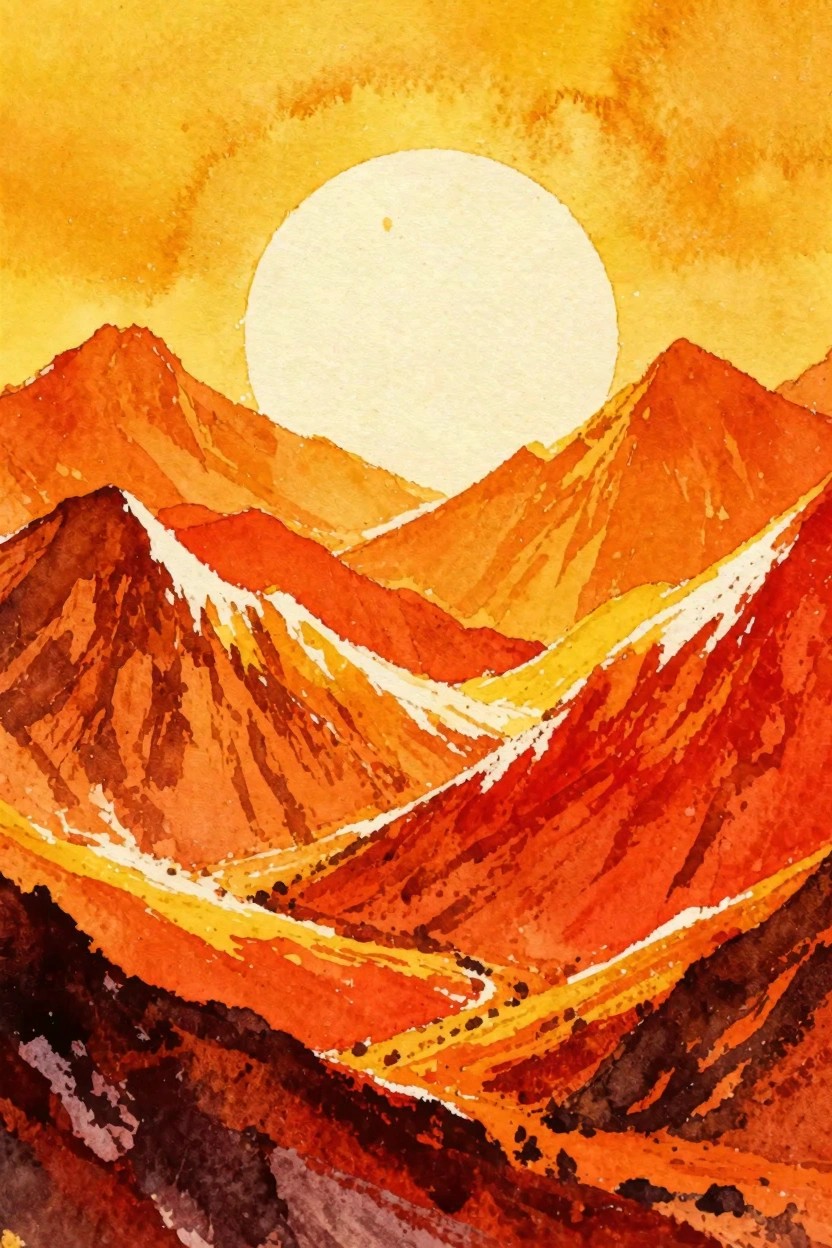 A watercolor painting of layered orange and red desert mountains with a large white sun in a yellow sky.